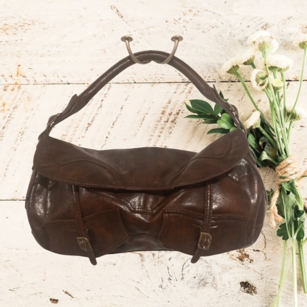 🌻Beautiful Rockport Vintage Vegan Leather Brown Brass Buckle Shoulder bag
